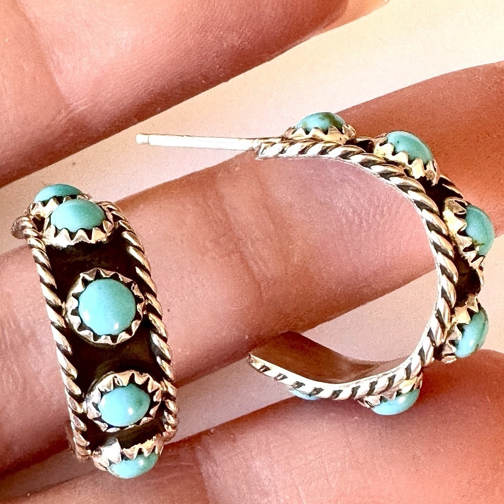 Navajo Turquoise Hoop Earrings .75 in‎ 925 Sterling Silver Native American New